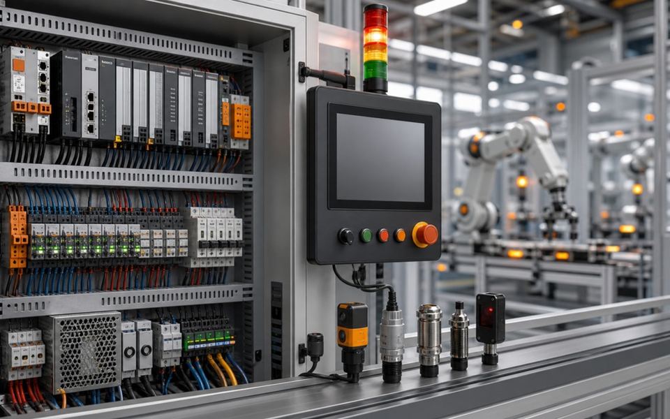 Industrial automation control cabinet, PLC, HMI and sensors