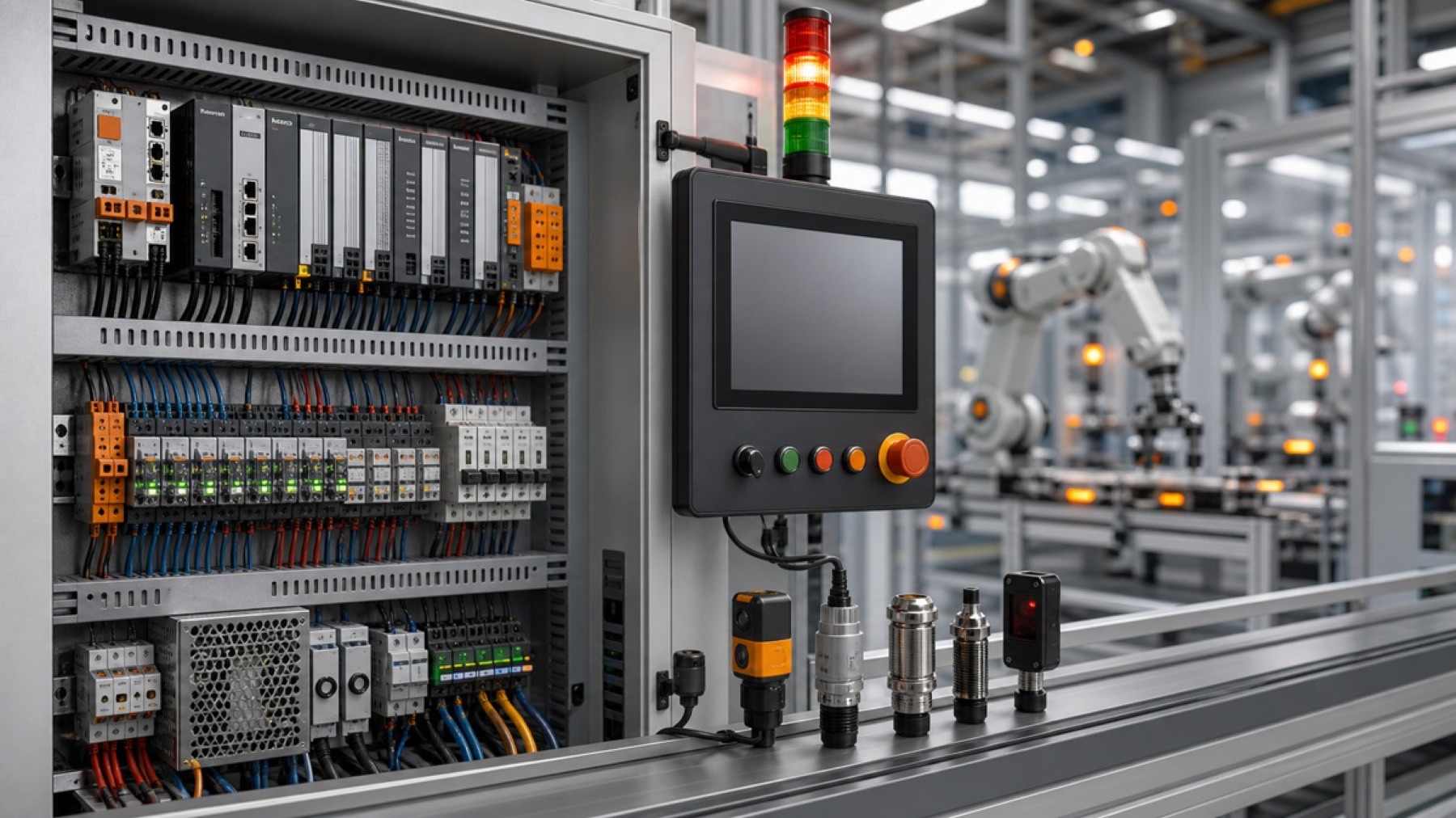 Industrial automation control cabinet, PLC, HMI and sensors